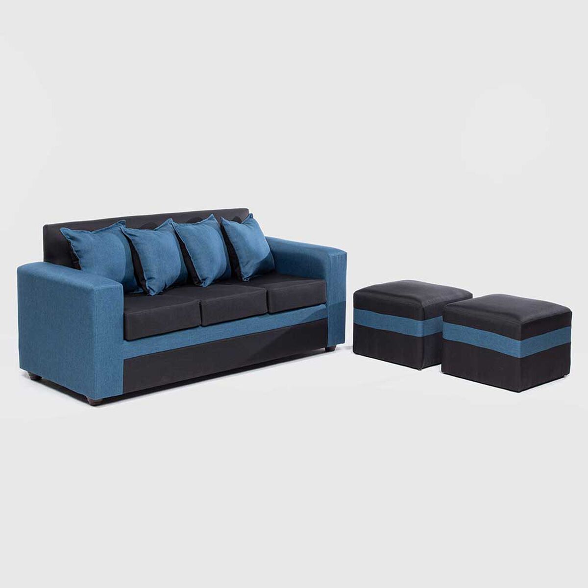Juego de Living Almore Paris Sofá 3 Cuepos + Dos Pouf 1 Cuerpo Azul Negro