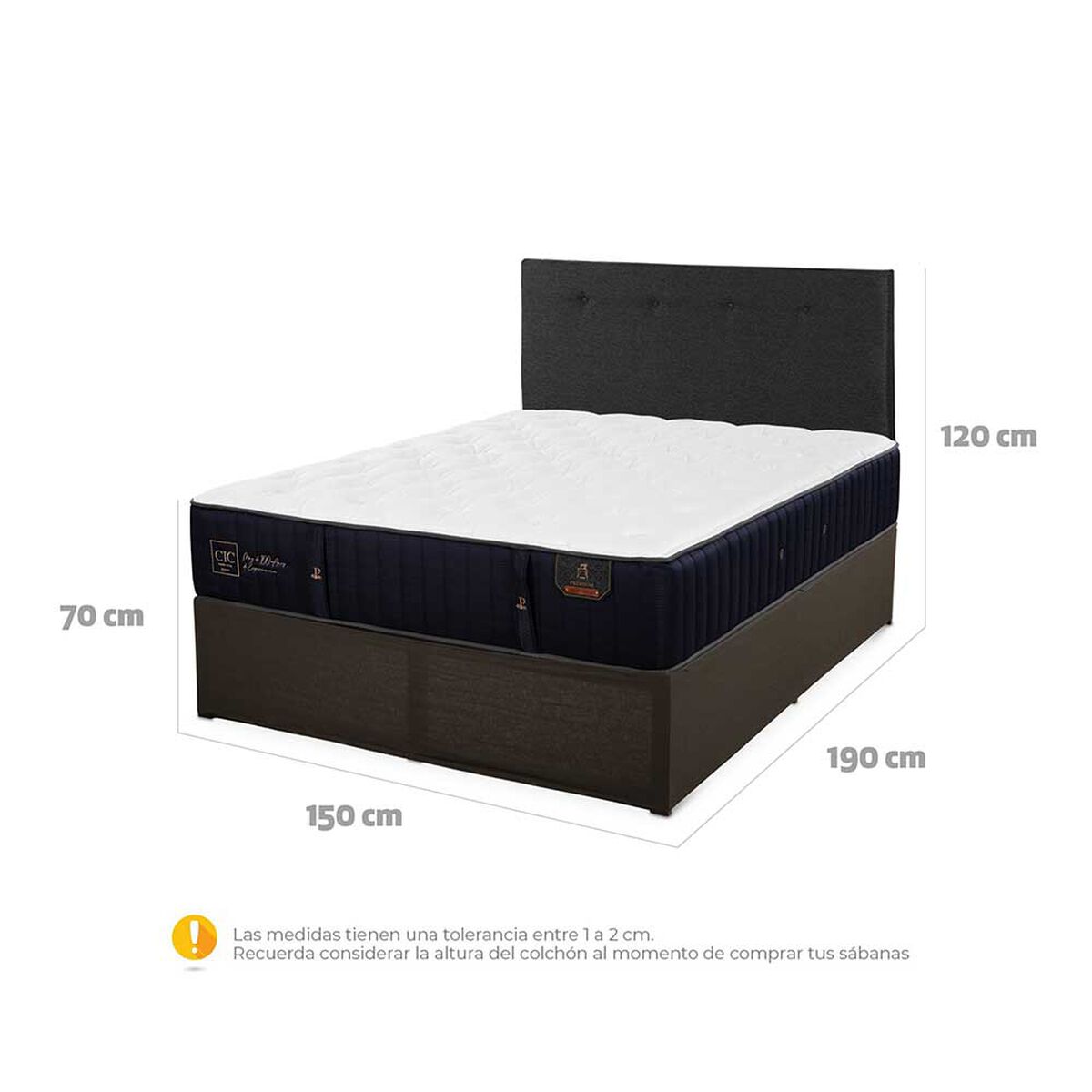 Cama Europea CIC Iron Smart 2 Plazas Premium + Respaldo Black Tapizado + Faldón