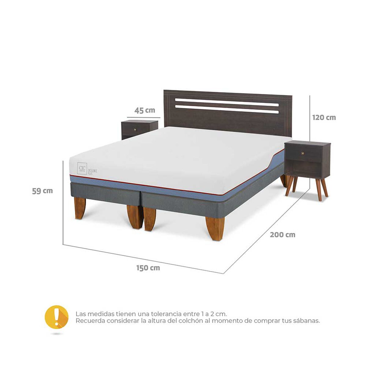Cama Europea CIC Base Dividida 2 Plazas Excellence Plus + Respaldo + 2 Veladores Munich