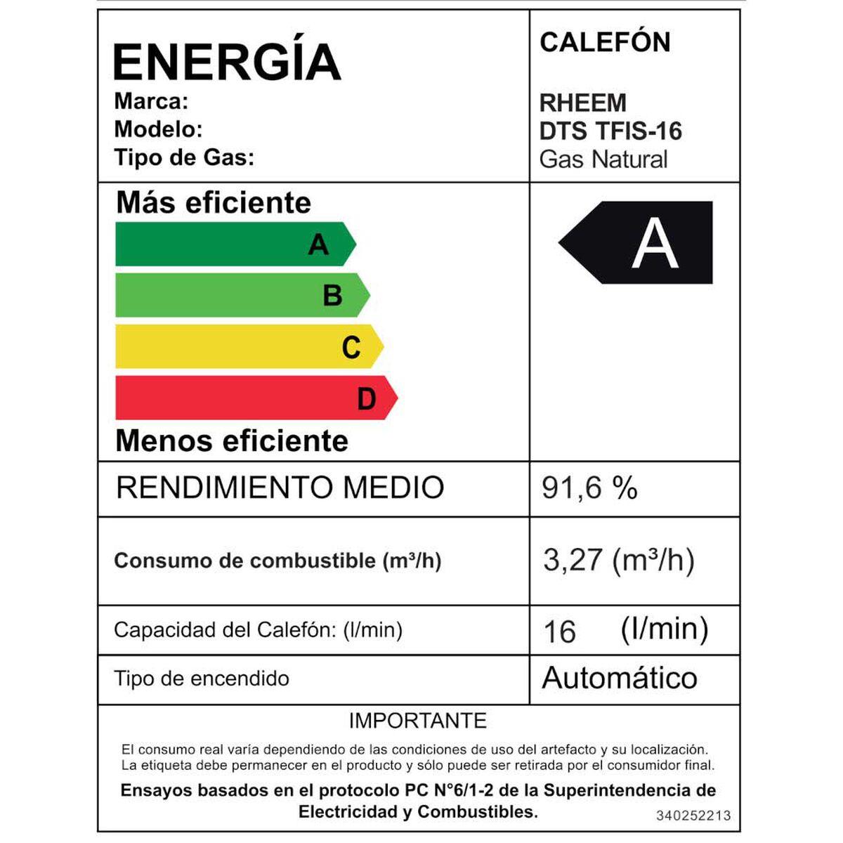 Calefont 16 litros Gas natural Tiro forzado Rheem