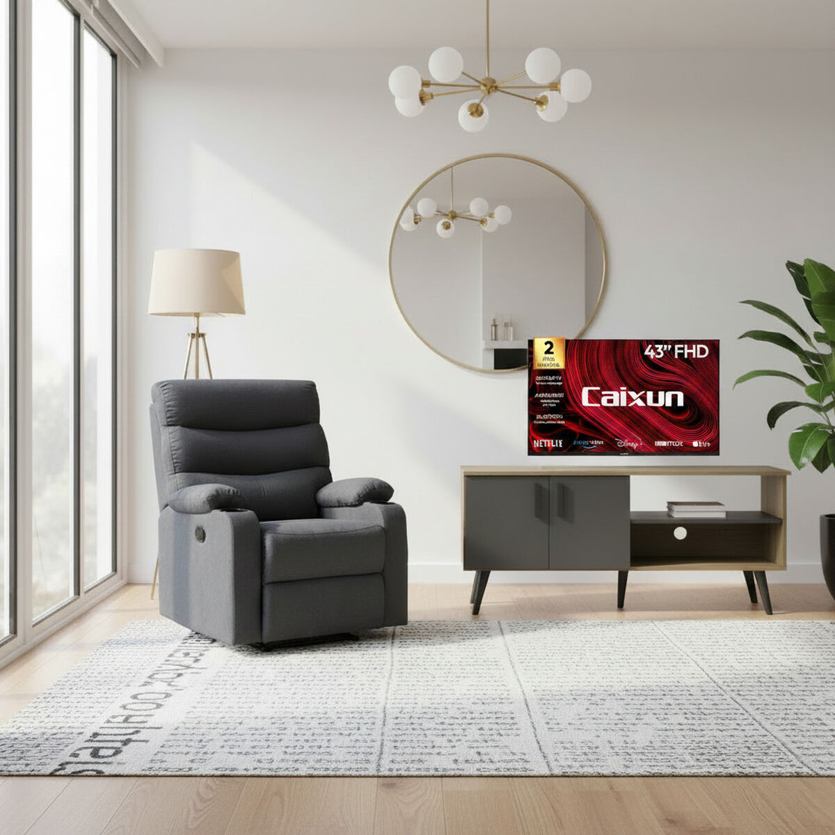 Combo Bergere Casanova Bark Gris Oscuro + Rack TV Mademovel Catar Miel Grafito + Smart TV LED 43" Caixun FHD Google TV C43V1FG