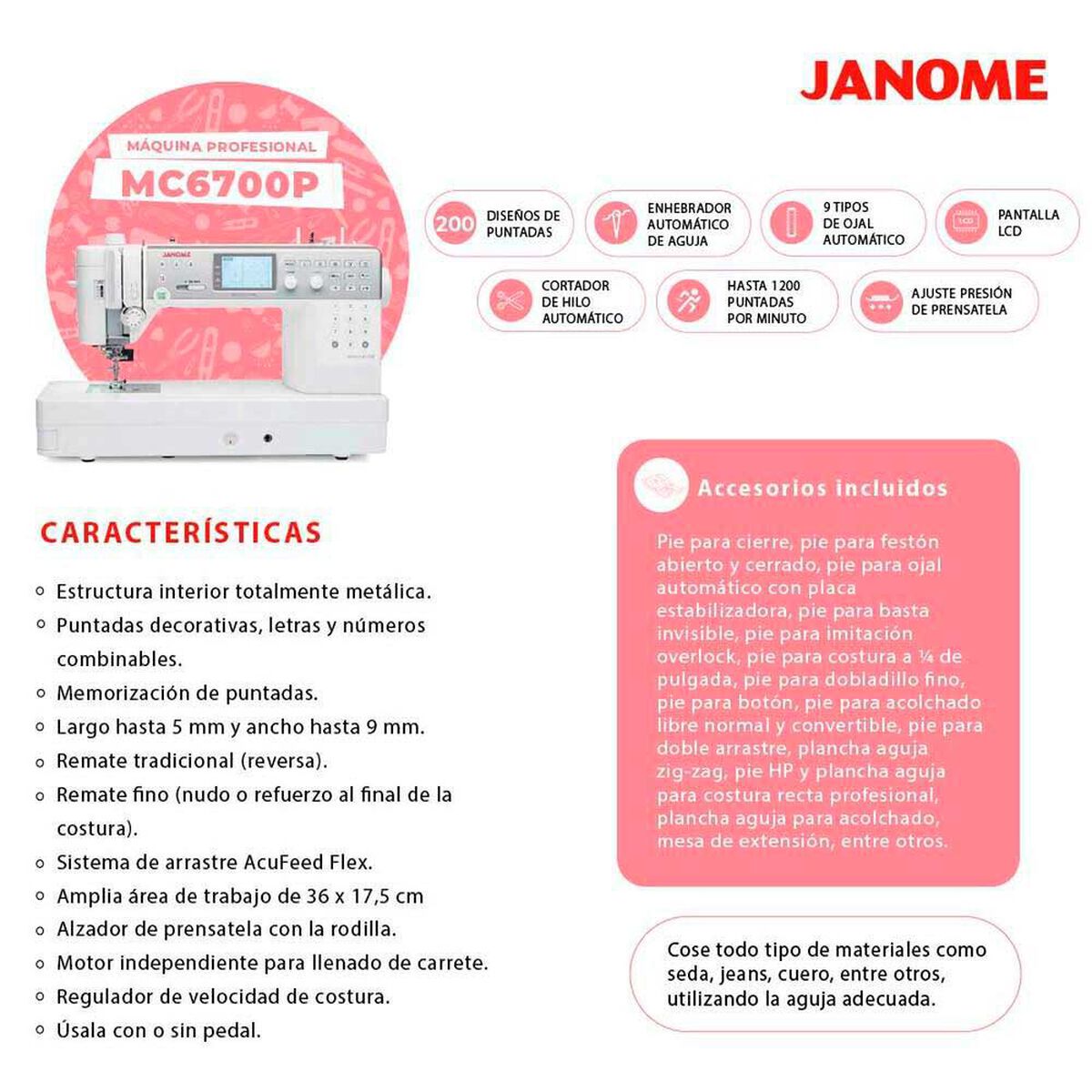 M&aacute;quina de Coser Computarizada Janome MC6700P