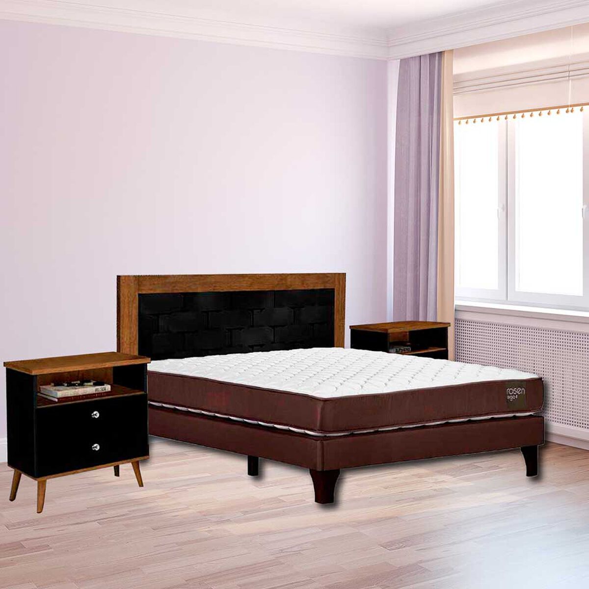 Cama Europea Rosen 2 Plazas Ergo T + Respaldo + 2 Veladores Dreams 2 Plazas Treliza Negro