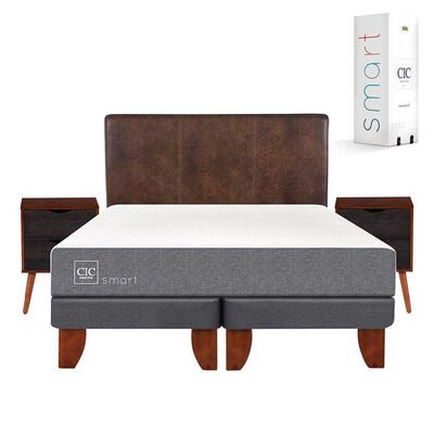 Cama Europea CIC Base Dividida 2 Plazas Smart + Respaldo + 2 Veladores Baker