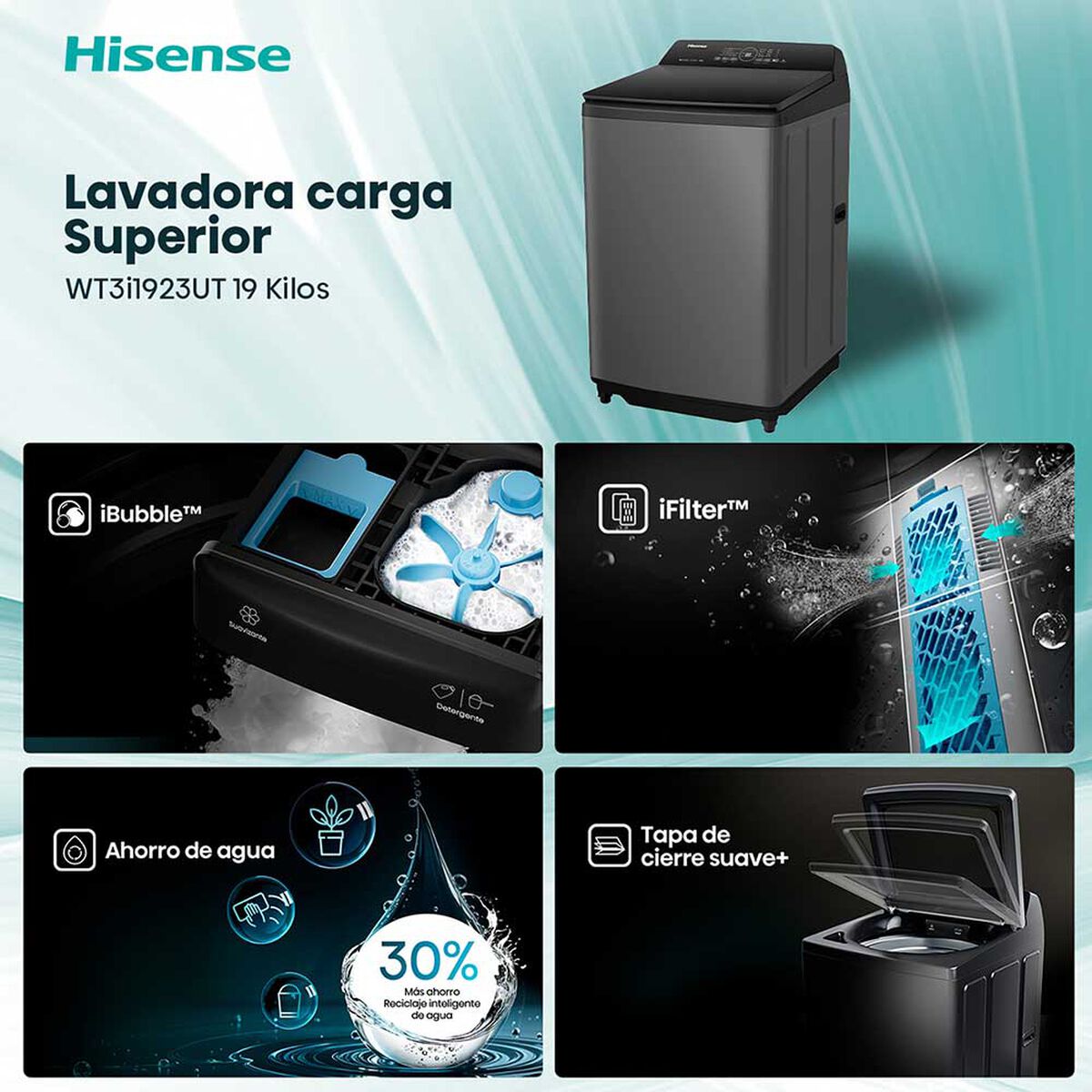 Lavadora Carga Superior Hisense WT3i1923UT 19 Kg Titanium