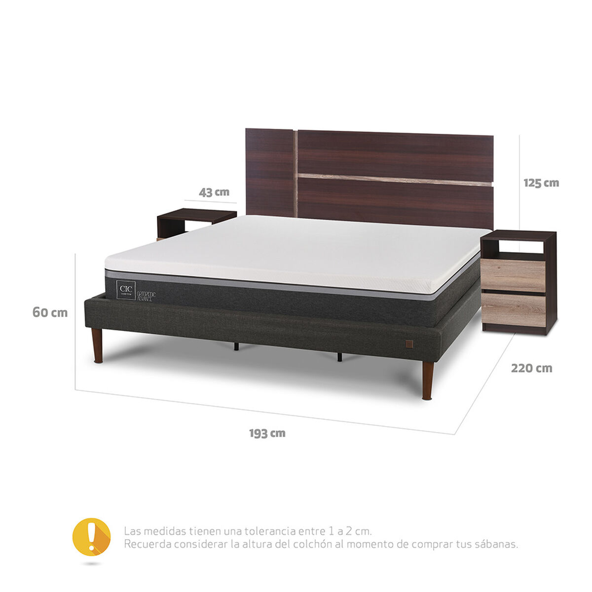 Cama Europea CIC King Ortopedic Advance + Respaldo Enio + 2 Veladores