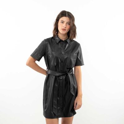 Vestido Corto Ecocuero Manga Corta Mujer Zibel