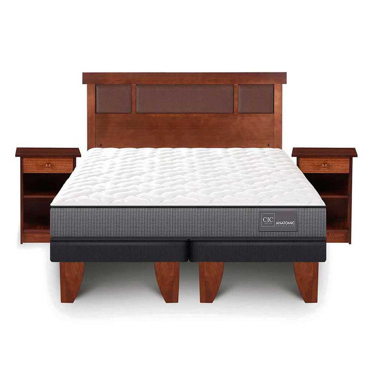 Cama Europea CIC Base Dividida 2 Plazas Anatomic + Respaldo + 2 Veladores New Dublin Caramelo