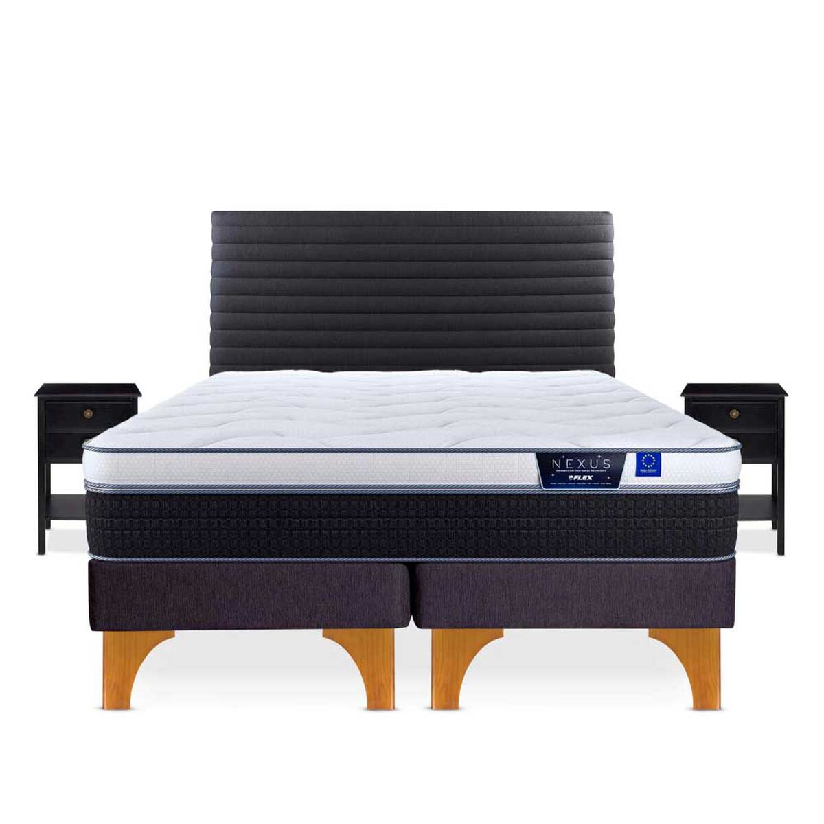 Cama Europea Flex 2 Plazas Nexus Base Dividida + Respaldo Modern Grafito + Veladores Rover