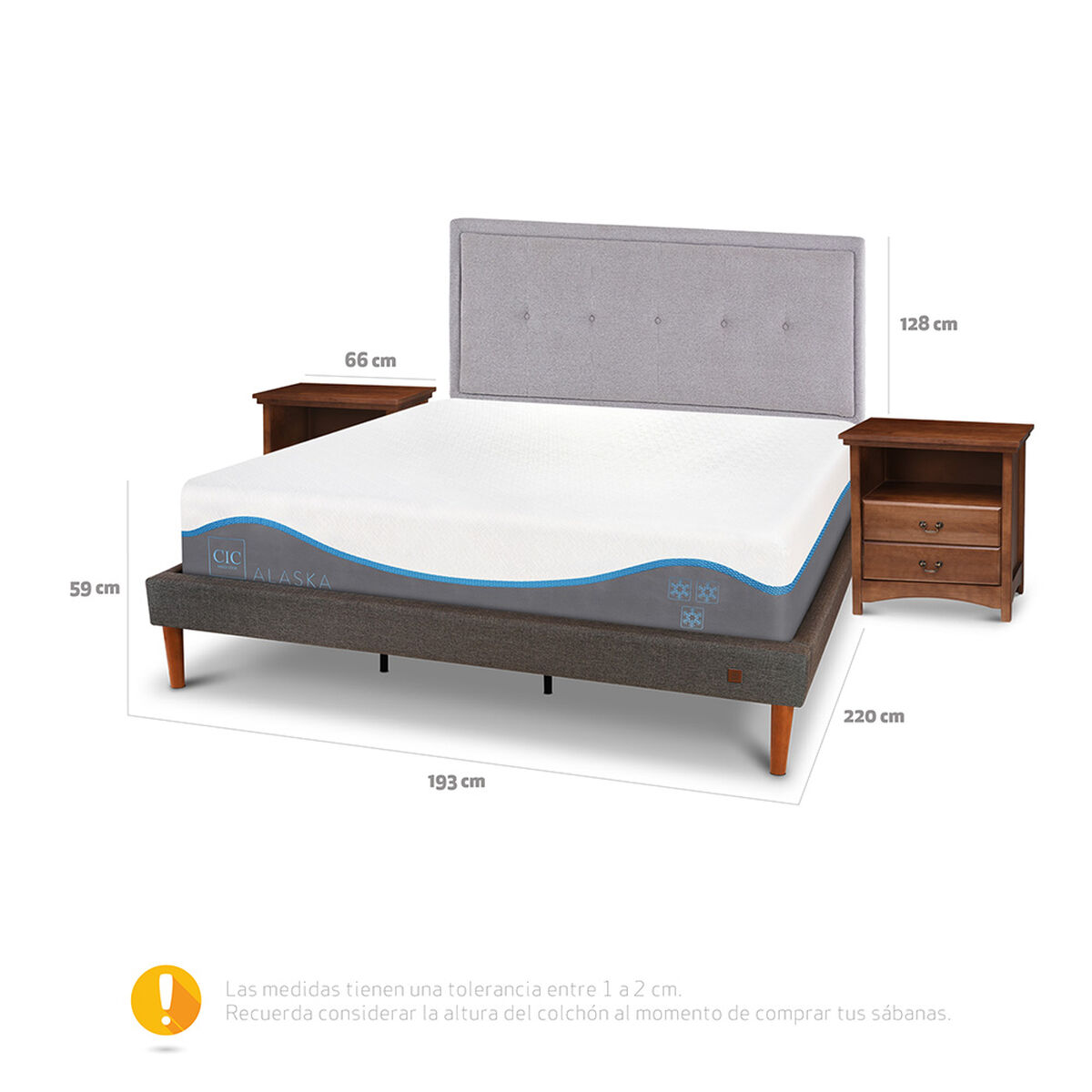 Cama Europea CIC King Alaska + Respaldo + 2 Veladores