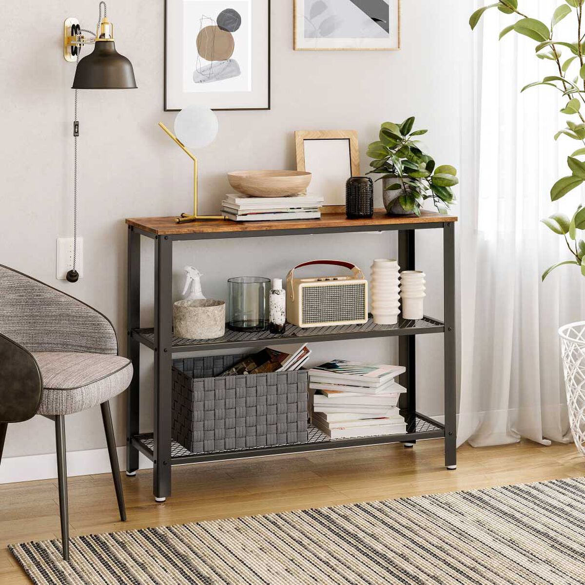 Mesa de Arrimo Fm Furniture Metalwood Colection Marrón Rústico