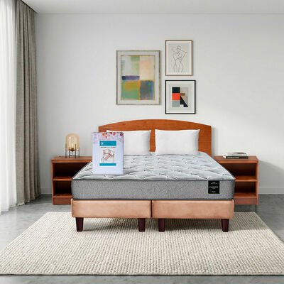 Combo Cama Europea Latam Home 2 Plazas Cannon BD Tela Beige + Textil + Respaldo + 2 Veladores Atlas