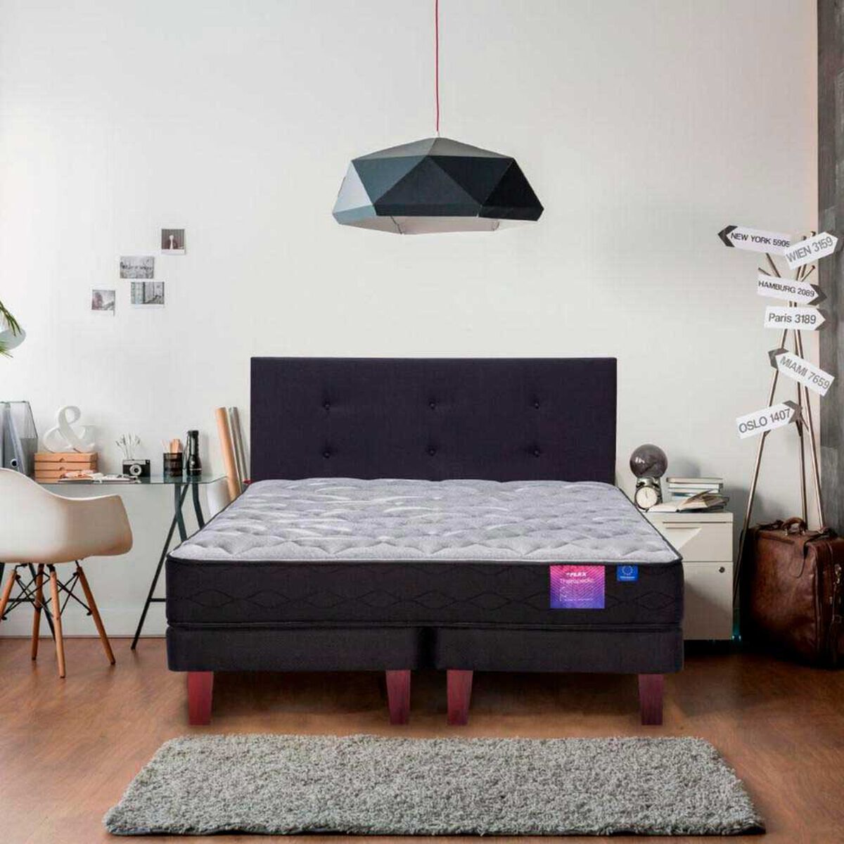 Cama Europea Flex 1,5 Plazas Therapedic Plus + Respaldo Royal + Velador Rock