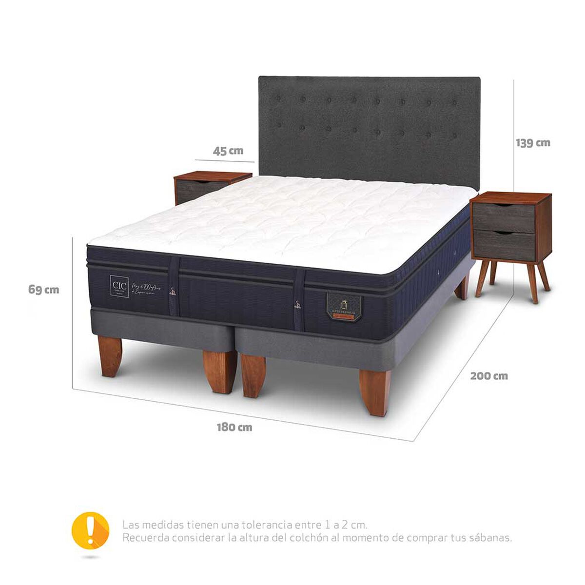 Cama Europea CIC Base Dividida King Súper Premium + Respaldo + Veladores