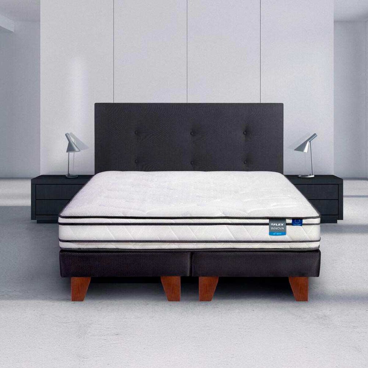 Cama Europea Flex 2 Plazas Innova + Respaldo + 2 Veladores