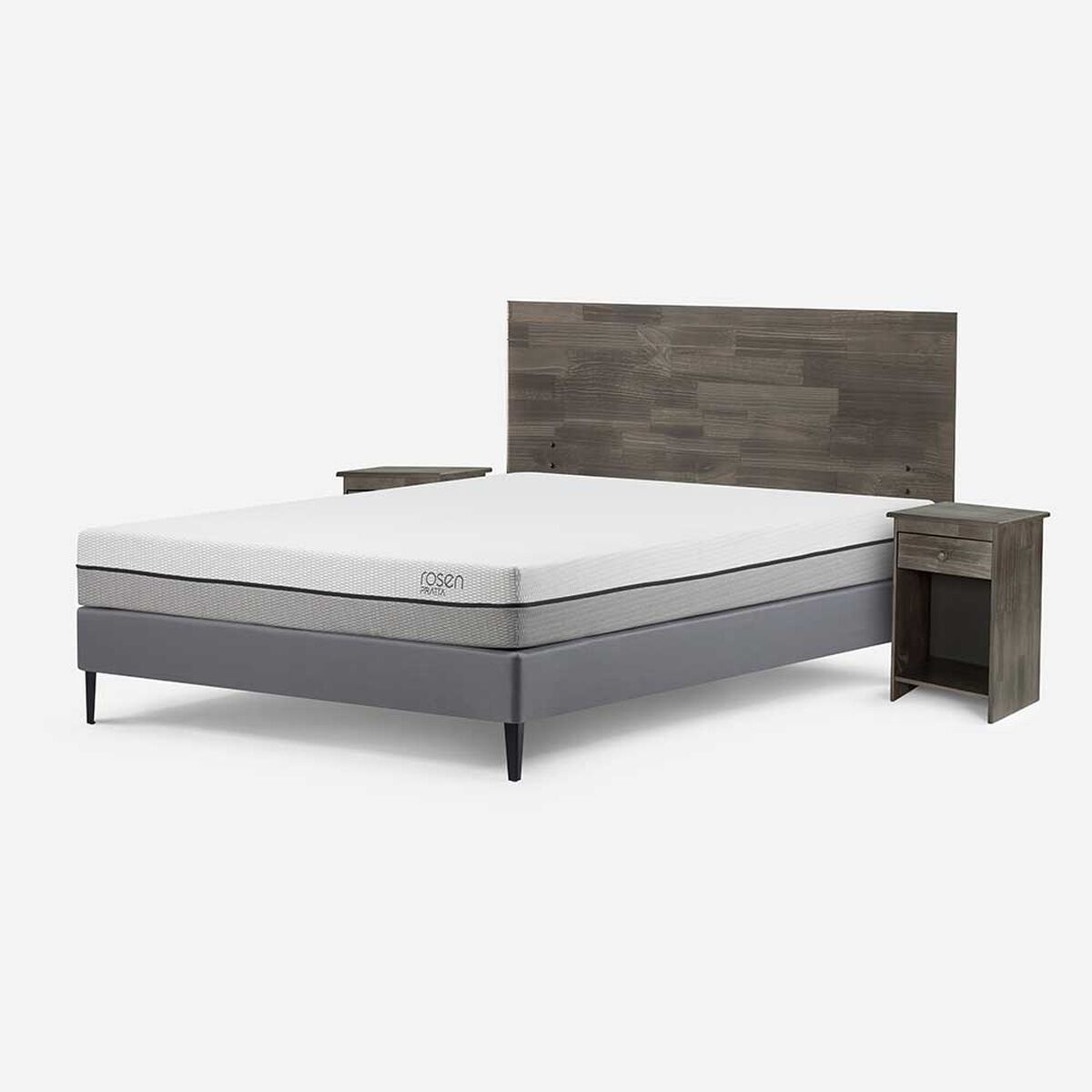 Cama Europea Rosen 2 Plazas Pratta + Respaldo + 2 Veladores Tabor Grafito