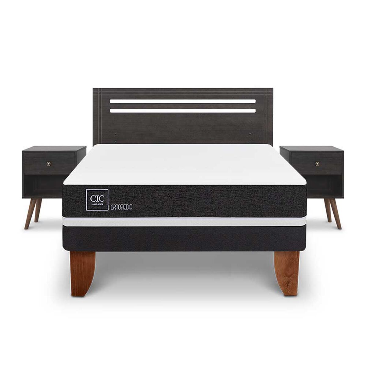 Cama Europea CIC 2 Plazas Ortopedic + Respaldo + 2 Veladores Munich