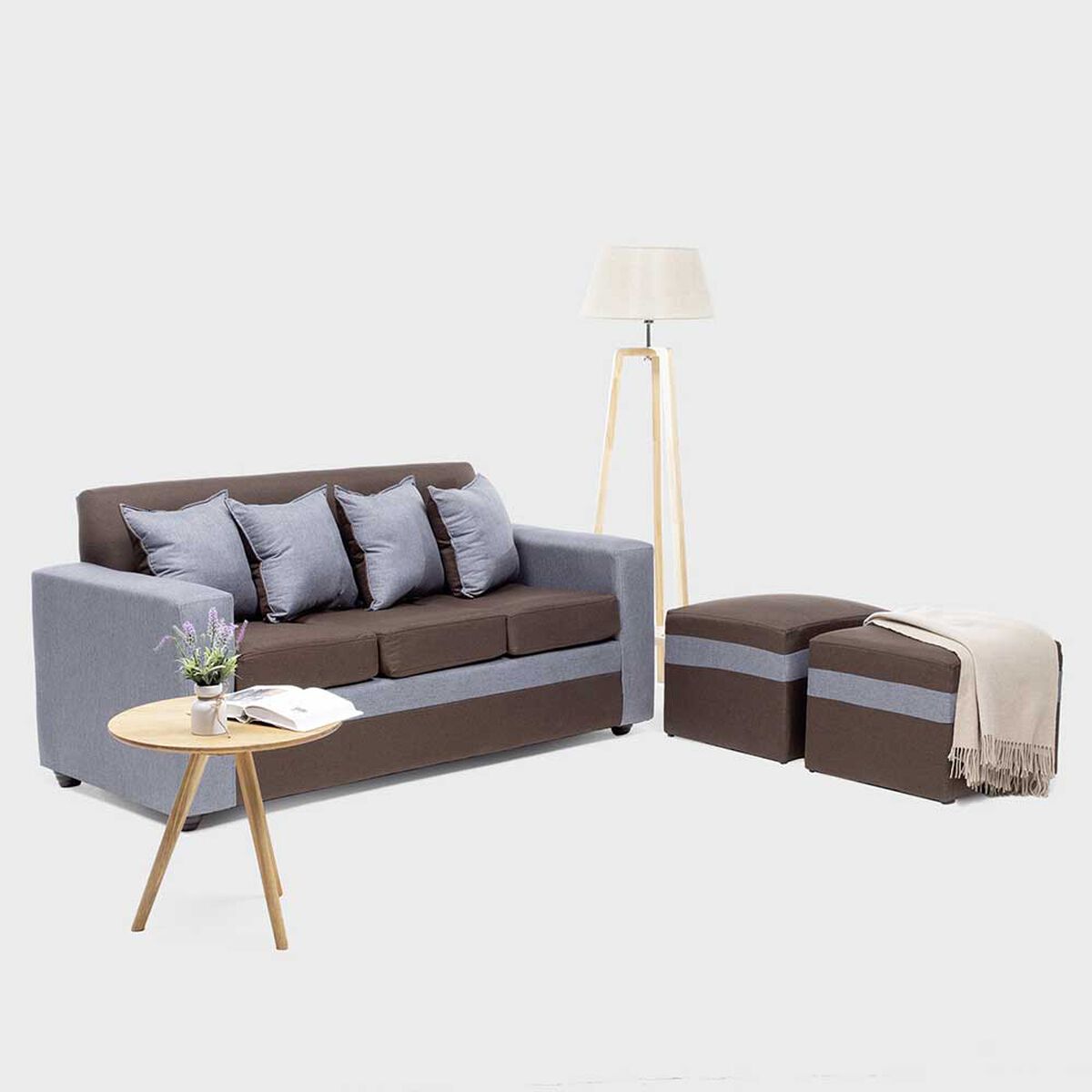 Juego de Living Almore Paris Sofá 3 Cuepos + Dos Pouf 1 Cuerpo Gris Café