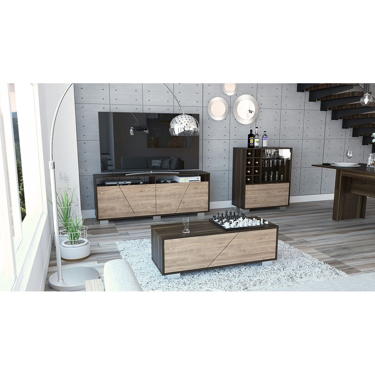 Rack TV Hasta 70" + Bar + Mesa de Centro TuHome Fraktal
