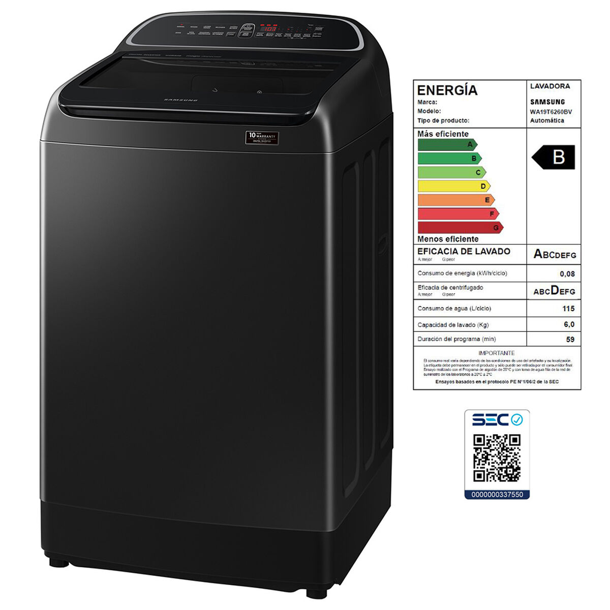 Lavadora Automática Samsung WA19T6260BV/ZS 19 kg.