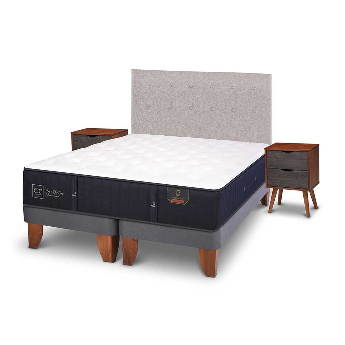 Cama Europea CIC Base Dividida 2 Plazas Premium + Respaldo + Veladores