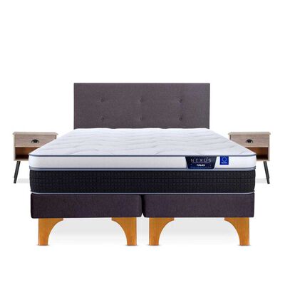 Cama Europea Flex 2 Plazas Nexus Base Dividida + Respaldo Royal Grafito + Veladores Rock