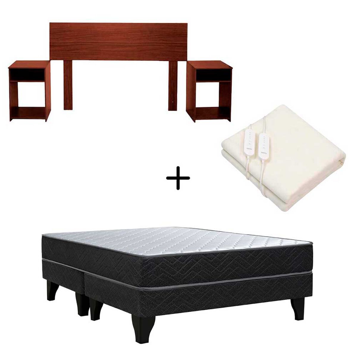 Combo Cama Europea Celta Base Dividida 2 Plazas Cadiz + Respaldo + 2 Veladores Casanova 2 Plazas Nogal + Calientacamas Kioto CY2 2 Plazas