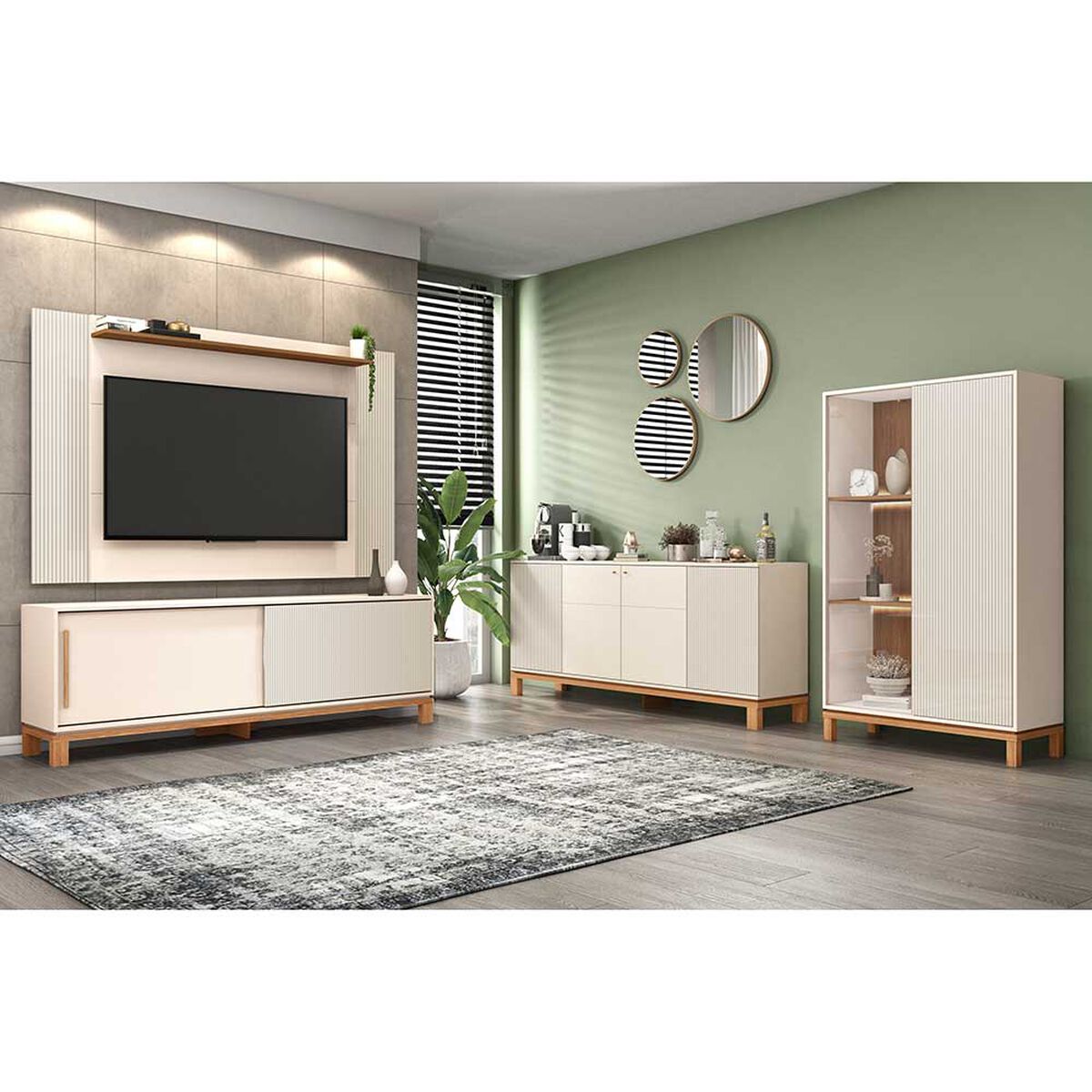 Panel TV 65" + Rack TV 80" + Vitrina + Buffet  Decocasa Mondrian Off White