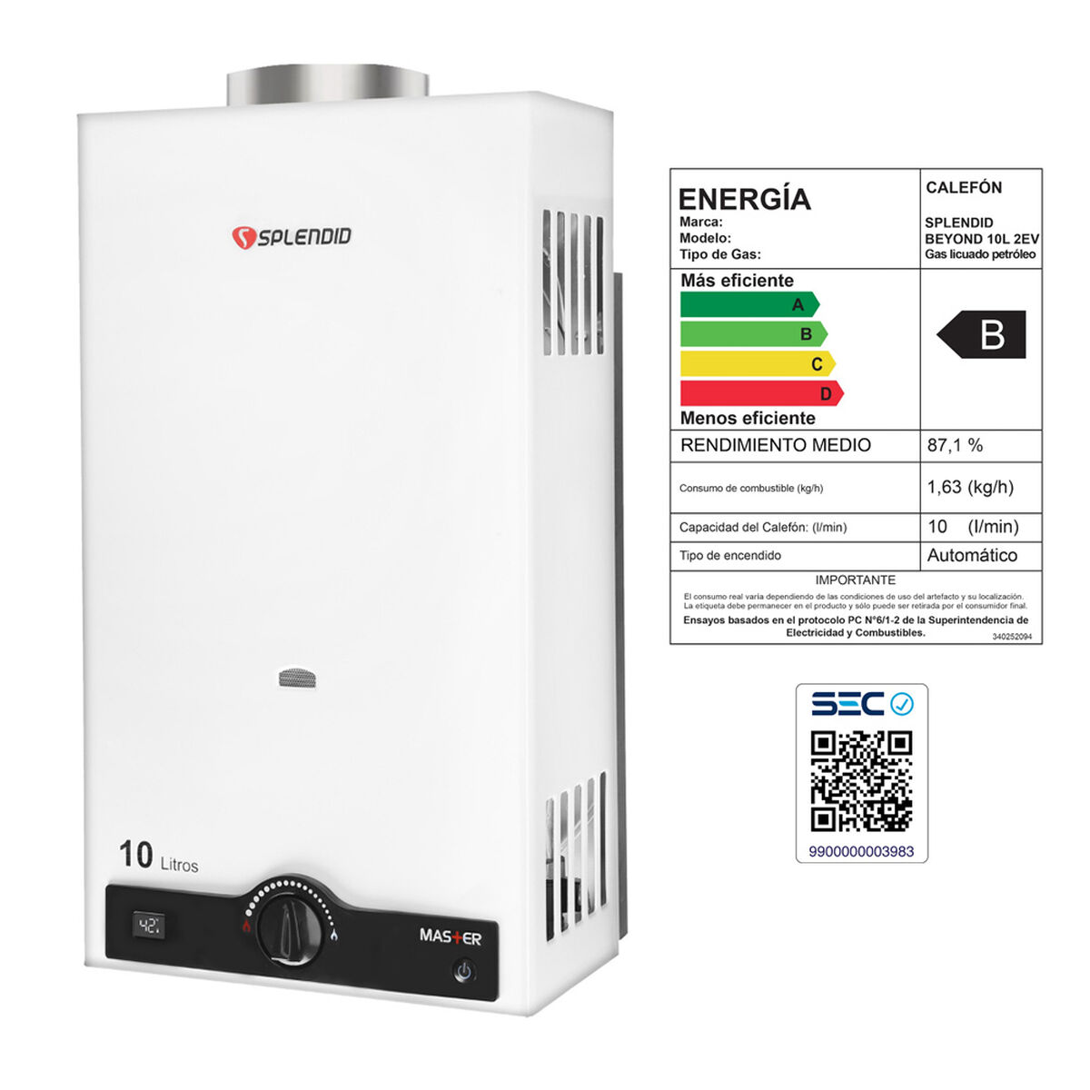 Calefont Gas Licuado Splendid Tiro Natural Ionizado 10 lts.