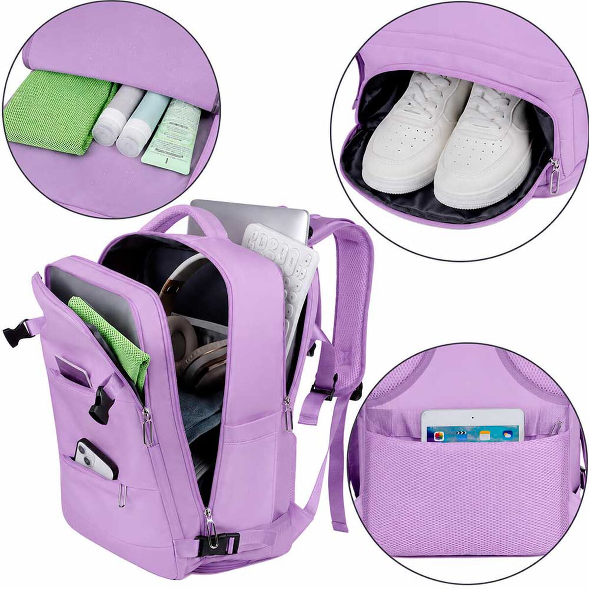 Mochila de Viaje Morada Laptop Compartimento Zapatos Impermeable De Gaune