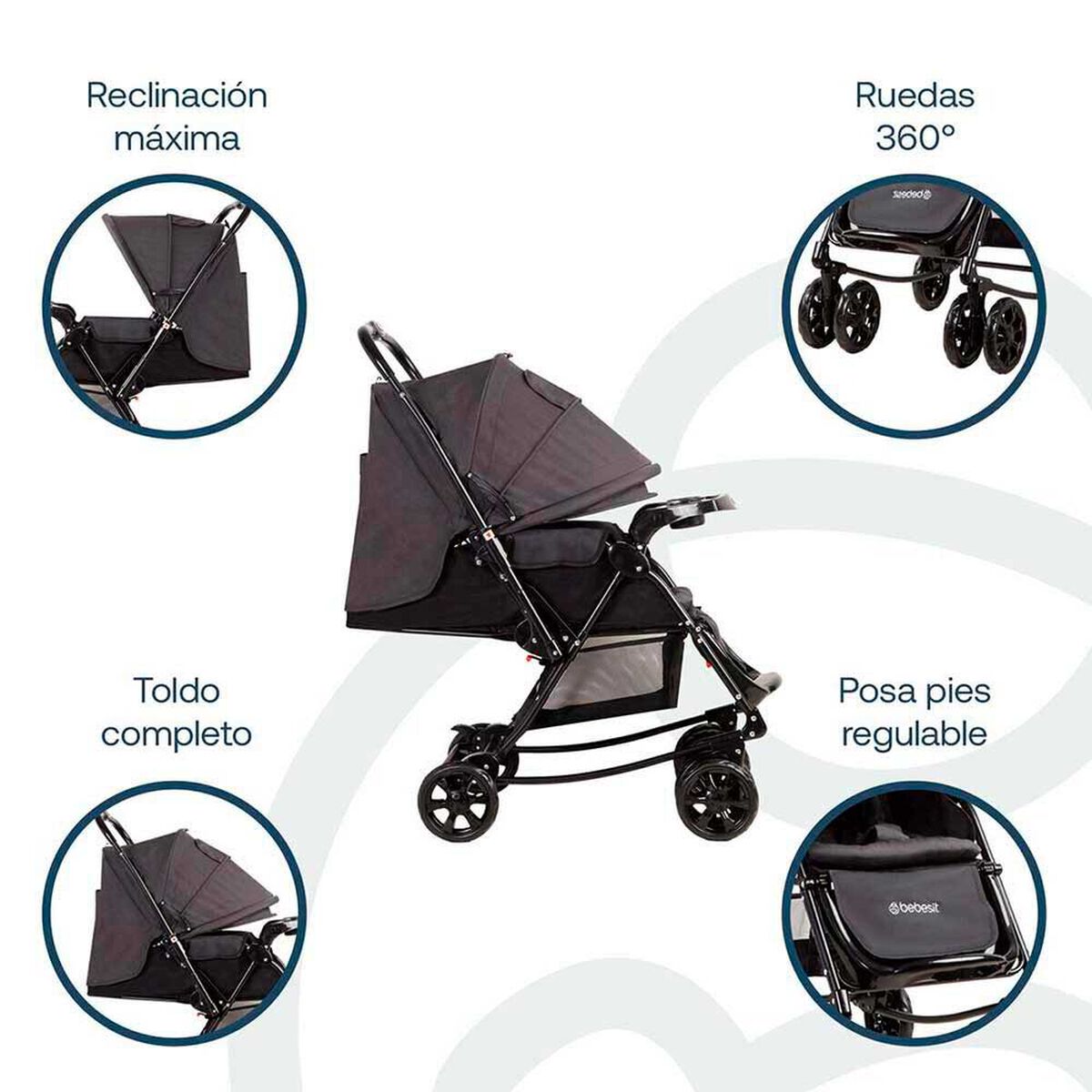 Coche Paseo Bebe Cuna Balancin SX Negro Melange Bebesit