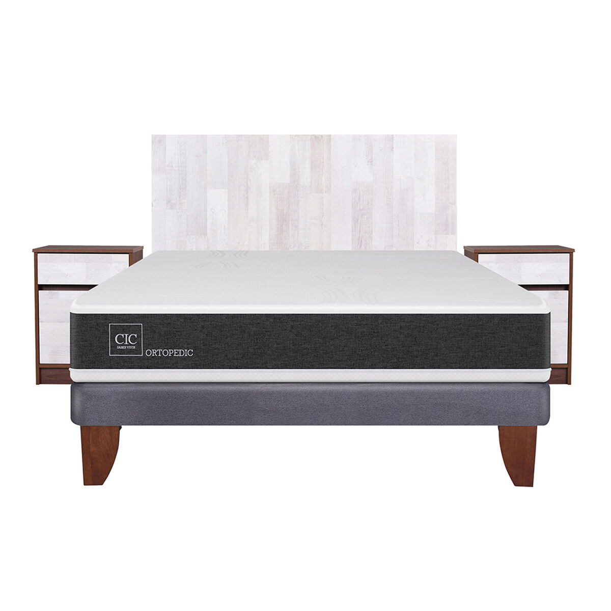 Cama Europea CIC 2 Plazas Ortopedic + Respaldo + 2 Veladores
