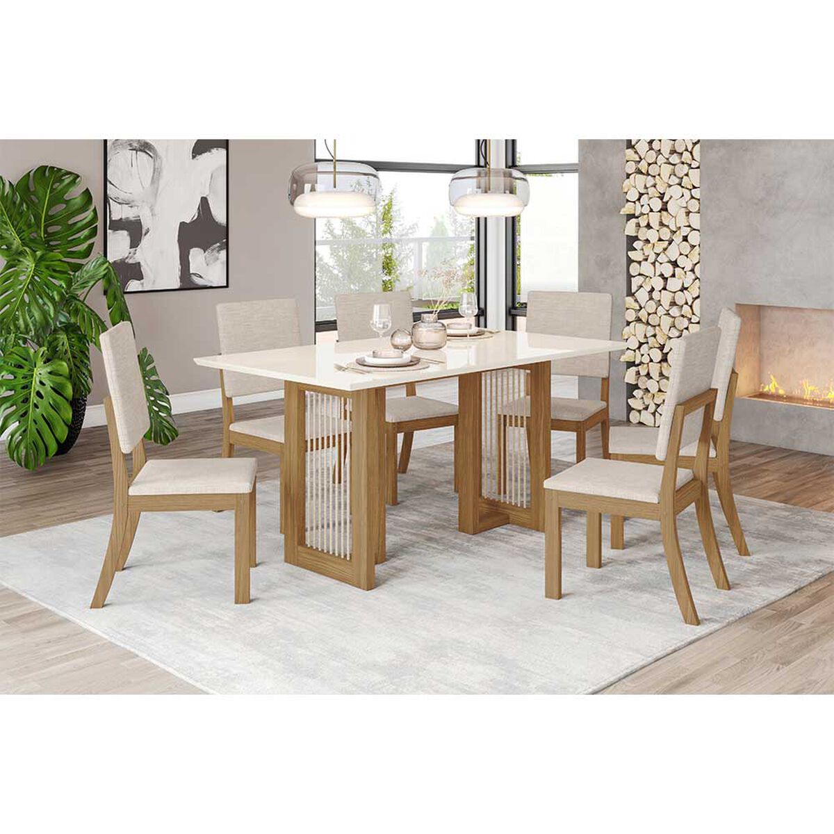Juego de Comedor Home Mobili June 6 Sillas Blanco Off Rústico