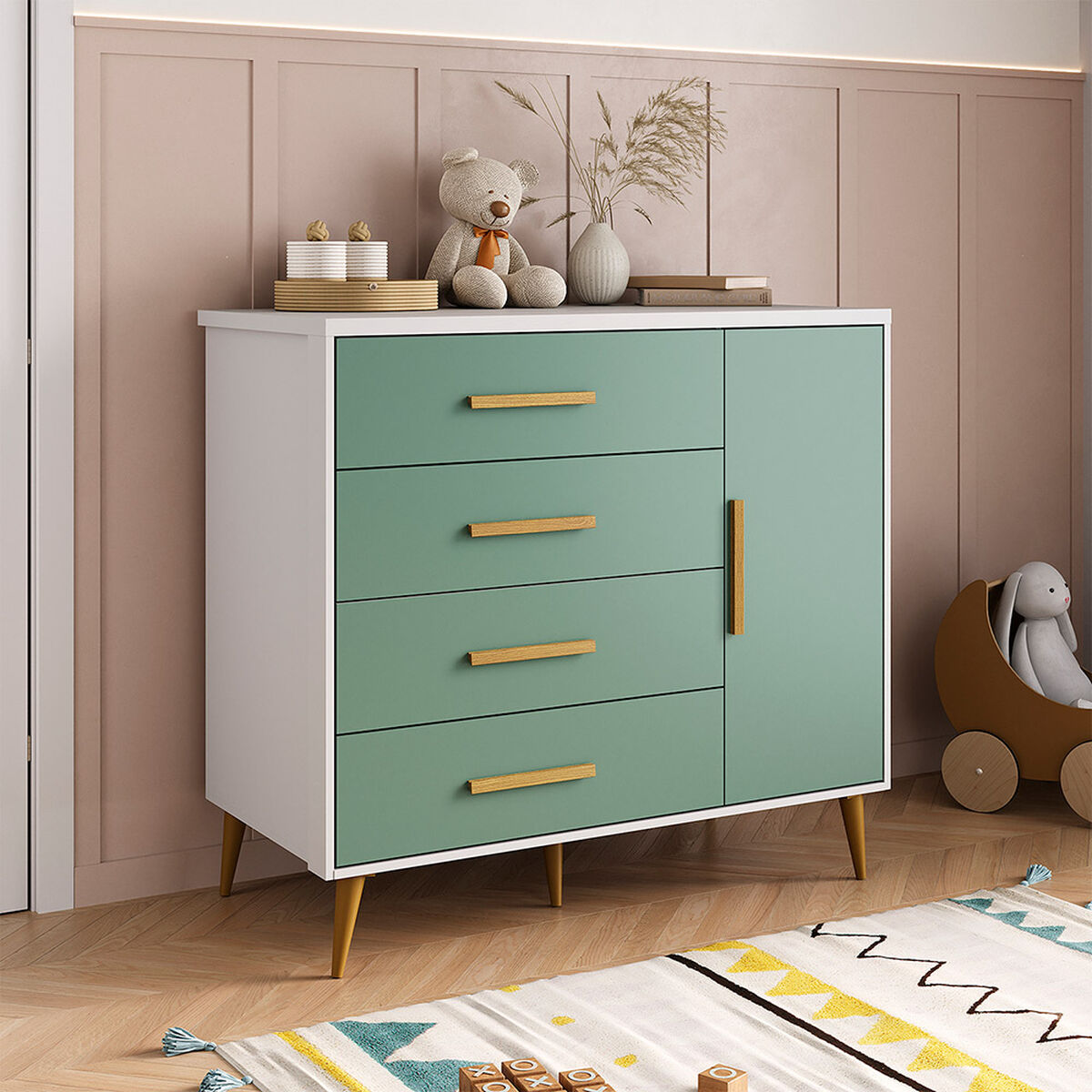 C&oacute;moda Di Poretti Design Kids 4 Cajones 1 Puerta Verde Pastel