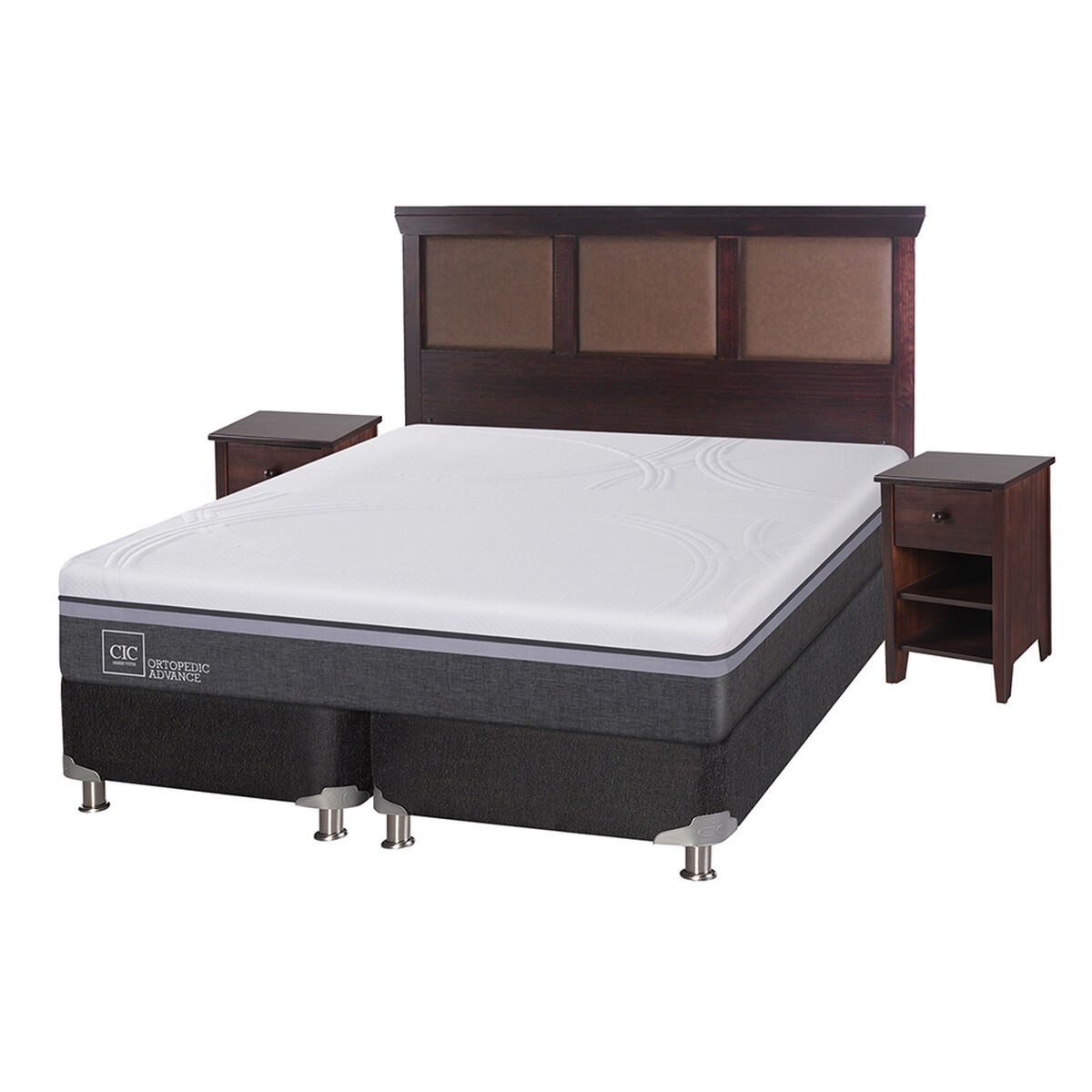 Box Spring CIC Base Dividida King Ortopedic Advance + Respaldo + 2 Veladores New Torino