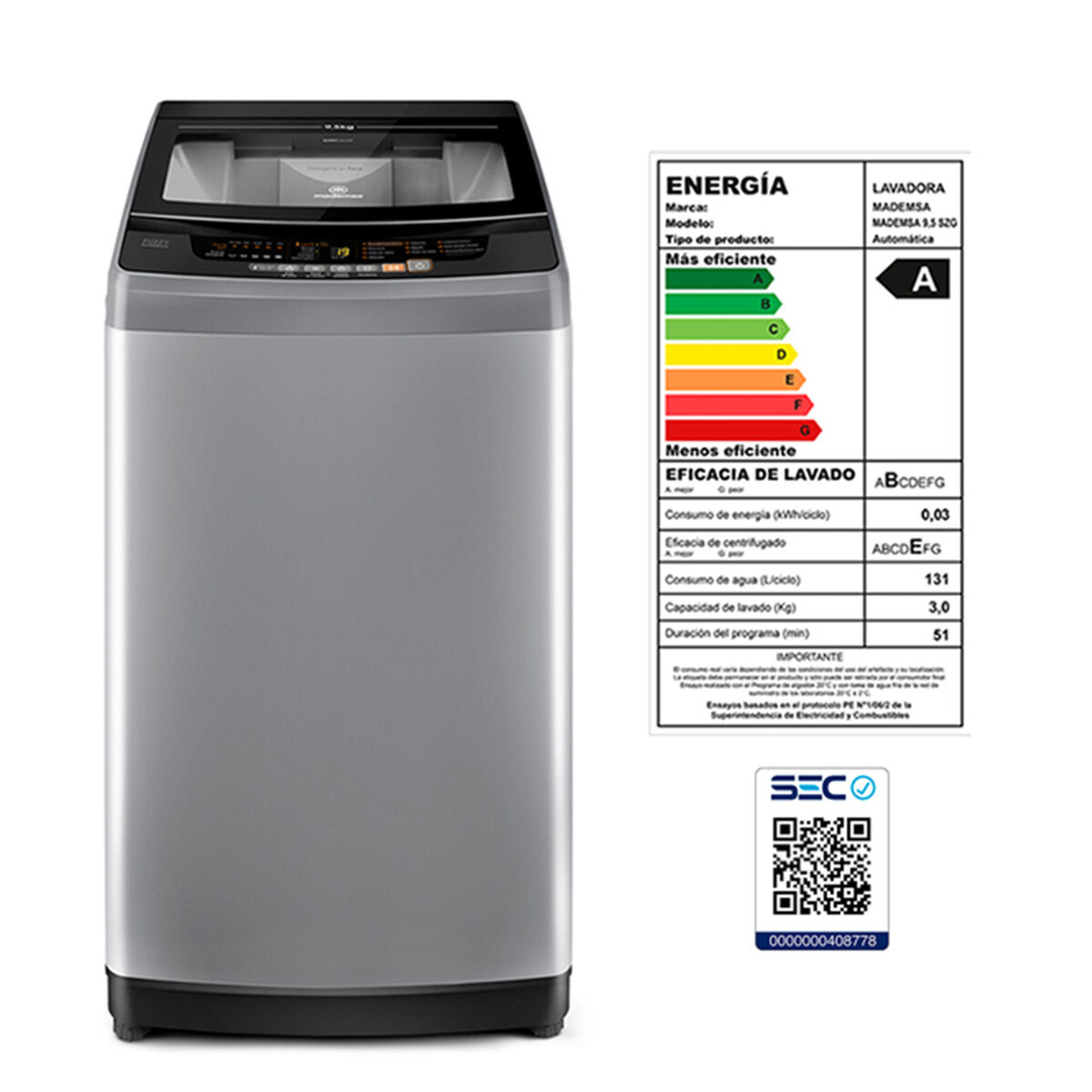 Lavadora Automática Mademsa 9,5 SZG 9,5 kg.