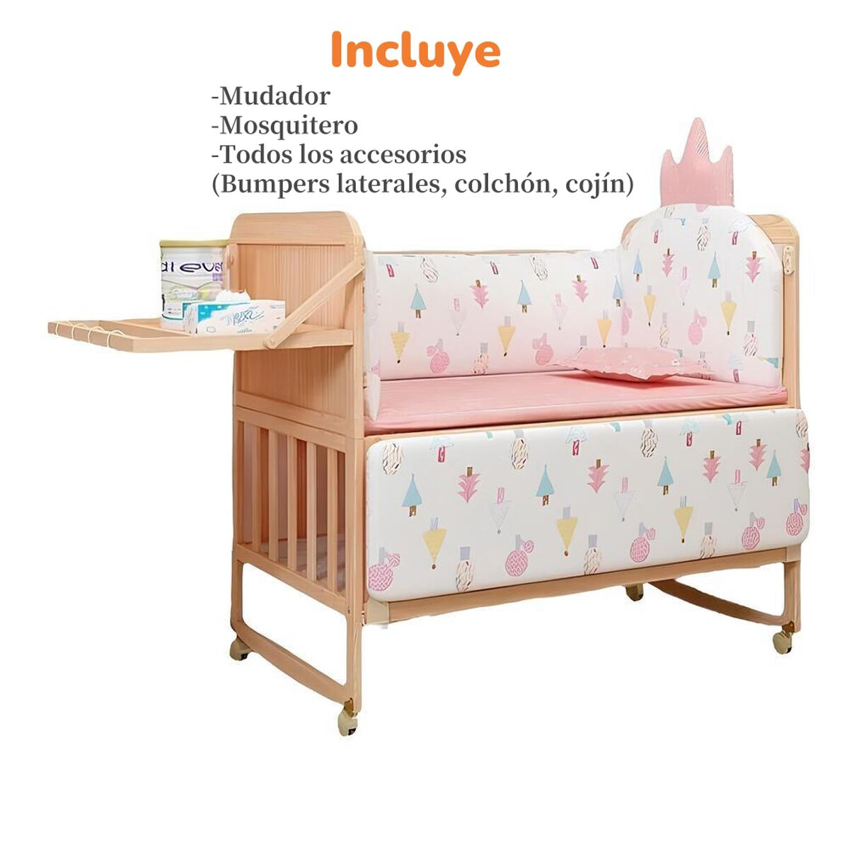 Cuna Colecho Madera Pack&Play con Mudador Rosad LuBabycas