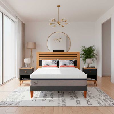 Combo Cama Europea CIC 2 Plazas Balance + Respaldo 2 Plazas + 2 Veladores Casanova Caroline Natural + Pack Almohadas Celta Imperial Soft 65x45cm