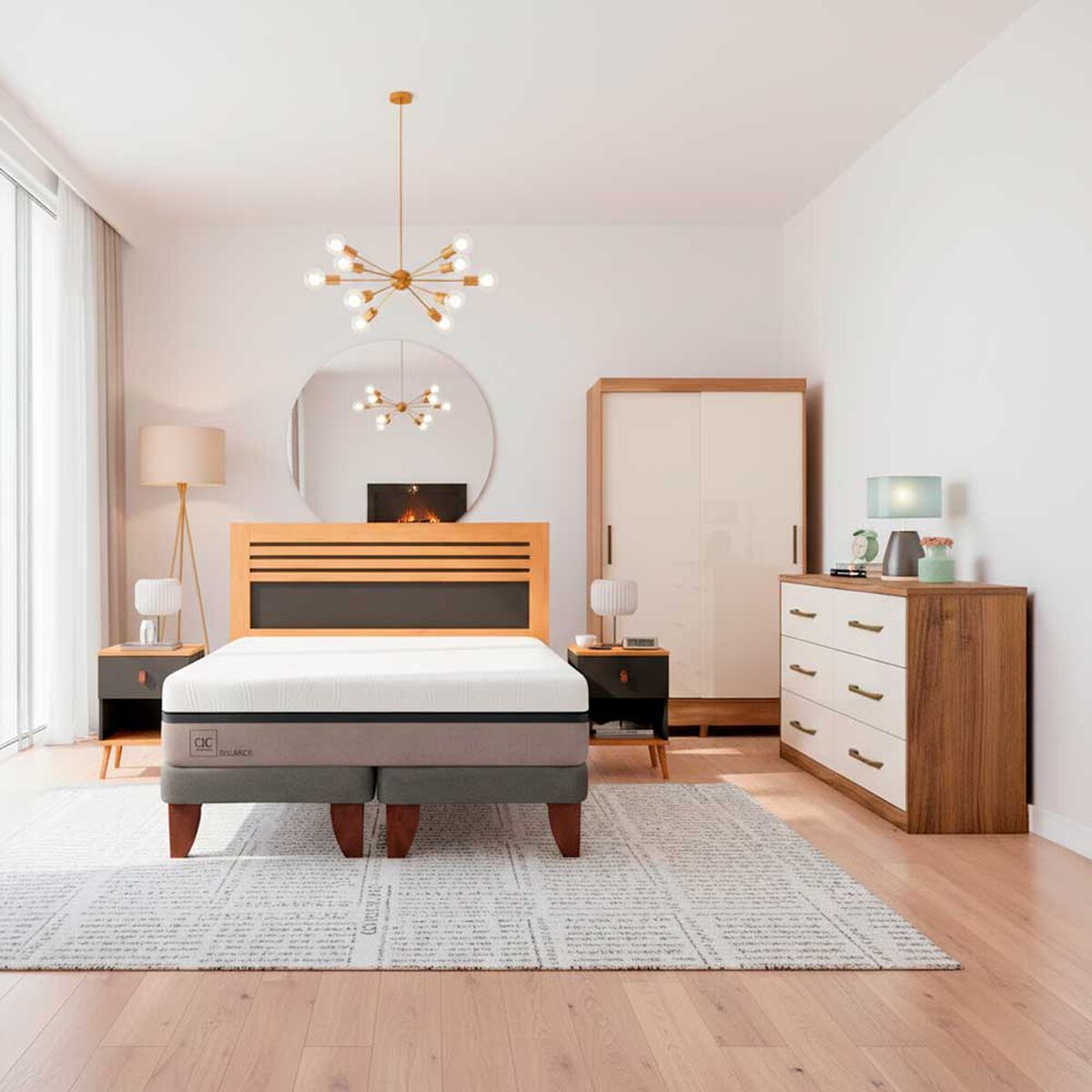 Combo Cama Europea CIC Base Dividida 2 Plazas Balance + Cl&oacute;set Casanova Fit 2 Puertas Correderas Jequitiba Blanco + C&oacute;moda Casanova Charlotte Nogal 8 Cajones + Respaldo 2 Plazas + 2 Veladores Casanova Caroline Natural
