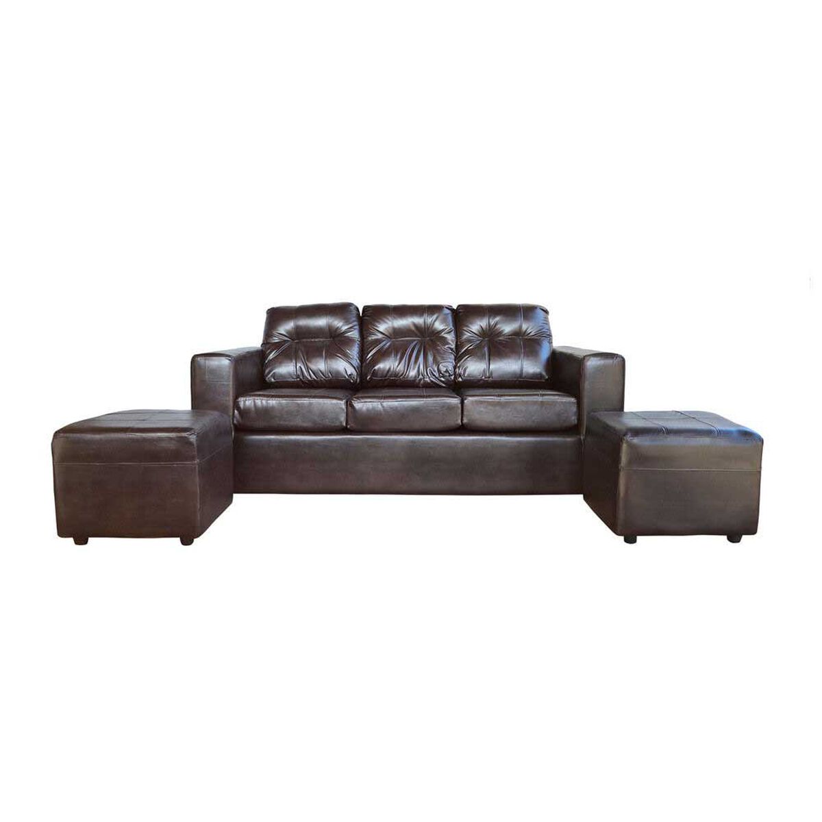 Juego de Living Kea Nize PU Sofá 3 Cuerpos + Dos Pouf 1 Cuerpo Café Moro