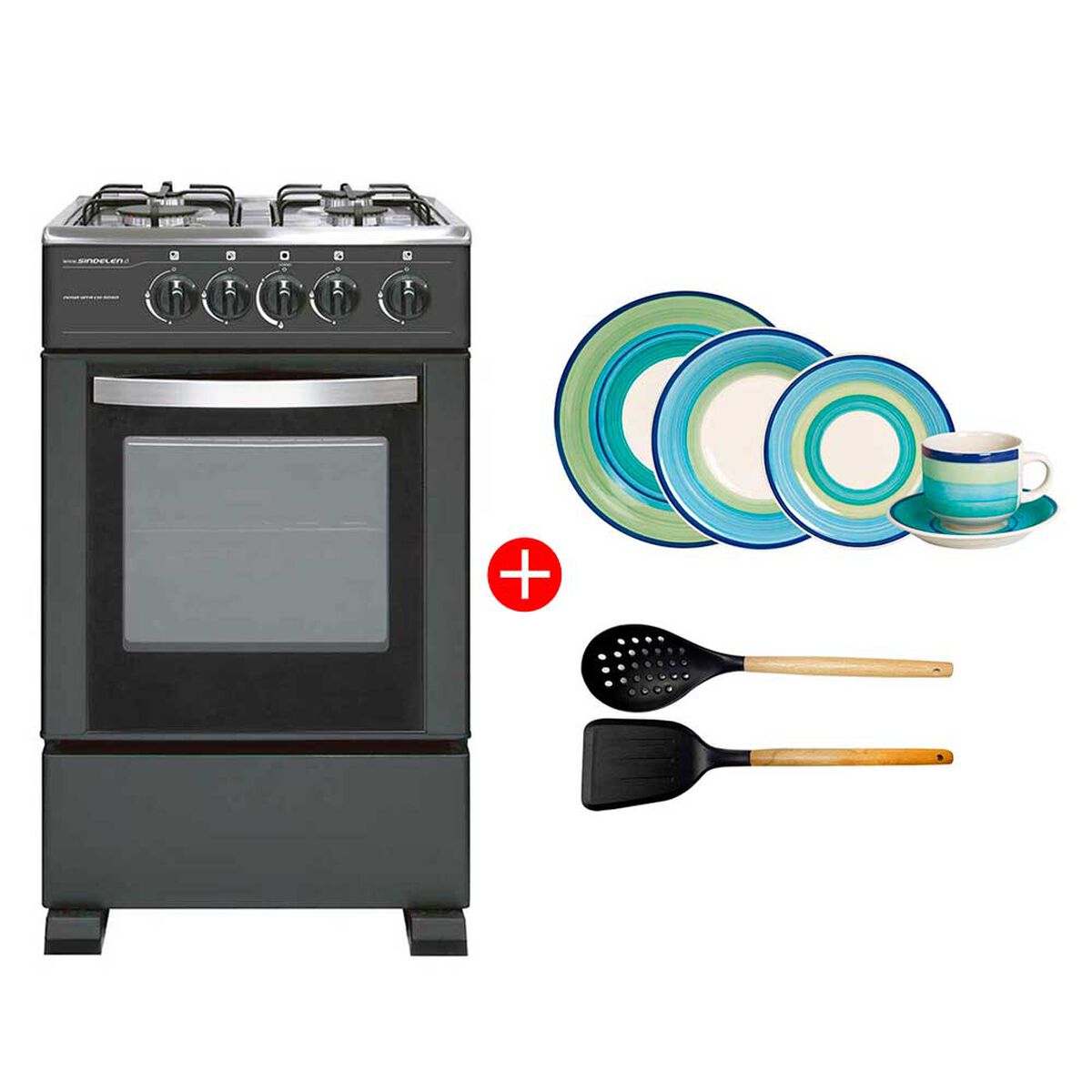 Combo Cocina a Gas Sindelen CH-5050 4 Quemadores + Juego de Vajilla Hallen Mallorca Cerámica 30 Piezas + Set Espumadera + Espatula Casa Linda Silicona Negro