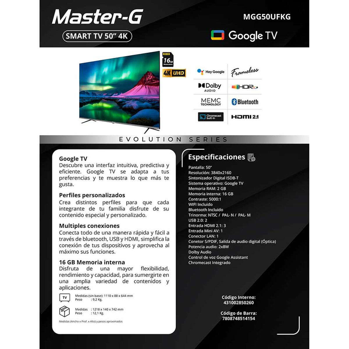 LED Smart TV 50'' 4K MGG50UFKG Master-G