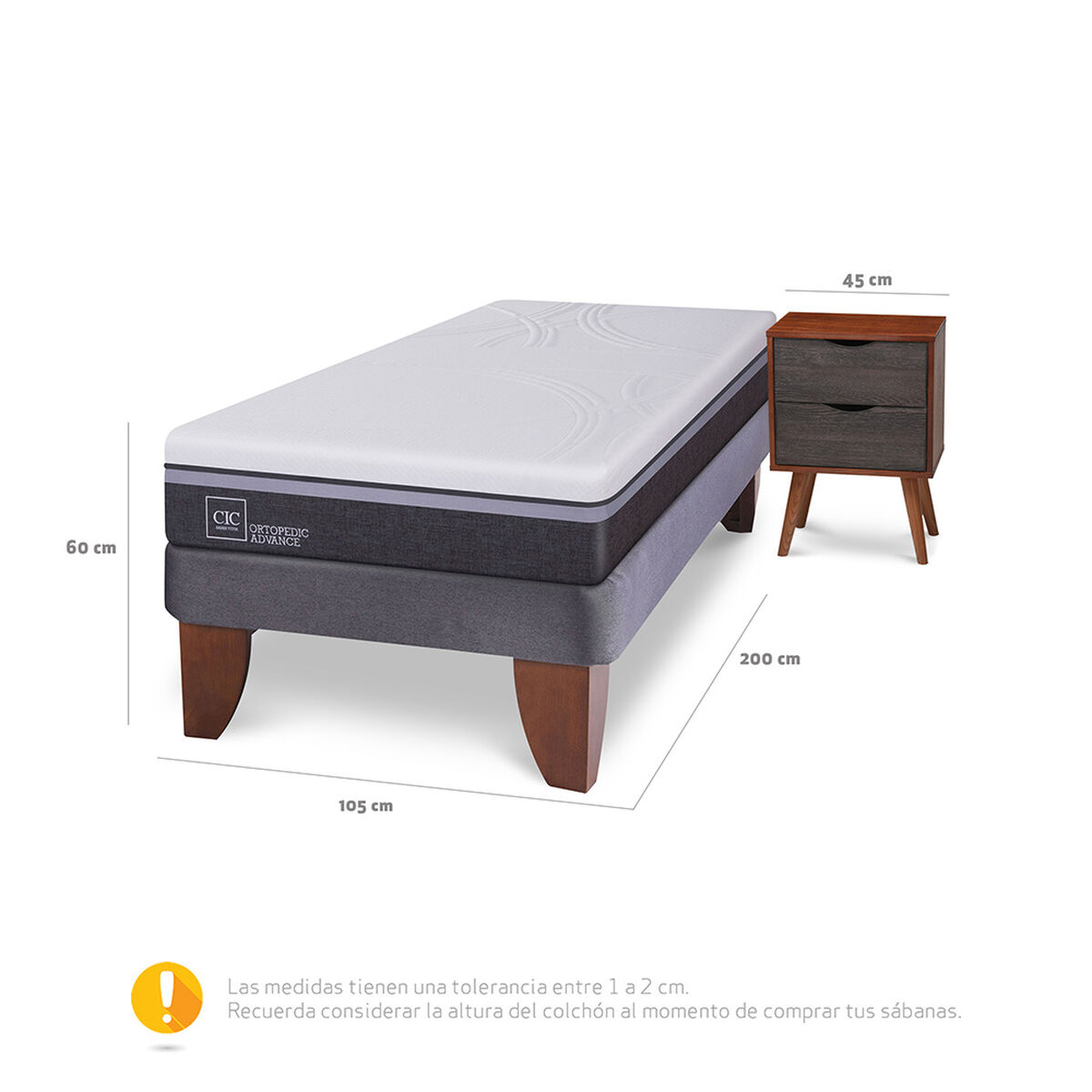Cama Europea CIC 1,5 Plazas Ortopedic Advance + Velador Niger