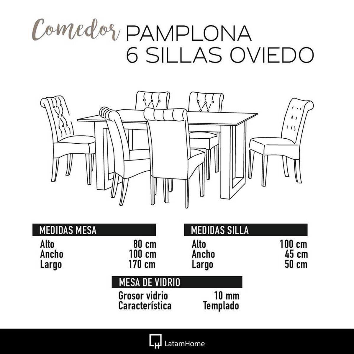 Juego de Comedor Latam Home Pamplona Cadiz 6 Sillas Velvet Gris