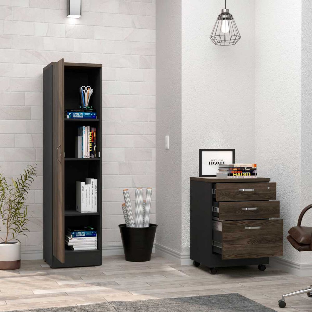 Combo Archivador 3 Cajones + Biblioteca 1 Puerta TuHome Home Office Negro Soft-Co&ntilde;ac