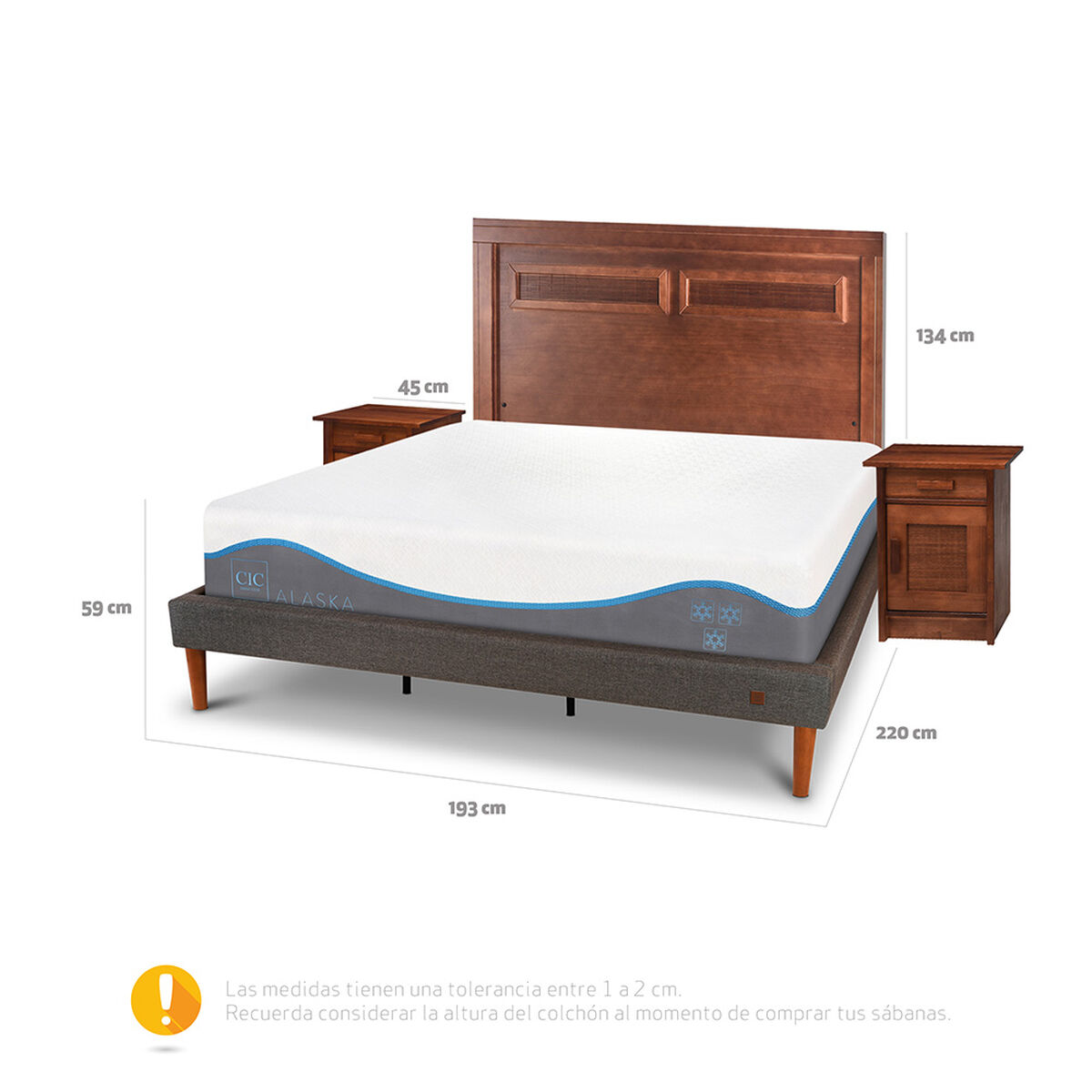 Cama Europea CIC King Alaska + Respaldo + 2 Veladores