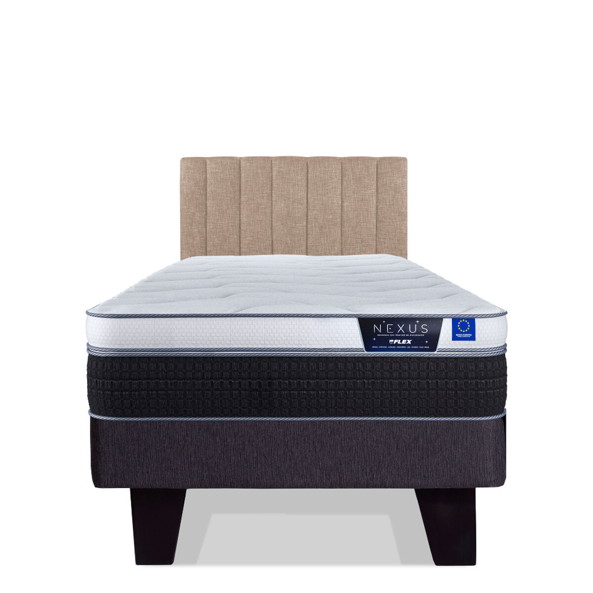 Cama Europea Flex 1,5 Plazas Nexus Box + Respaldo Tubular Beige