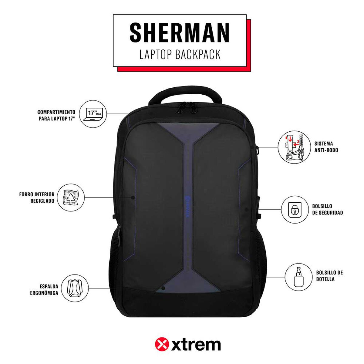 Mochila Notebook Xtrem Sherman 5XT Negro/Azul 17"