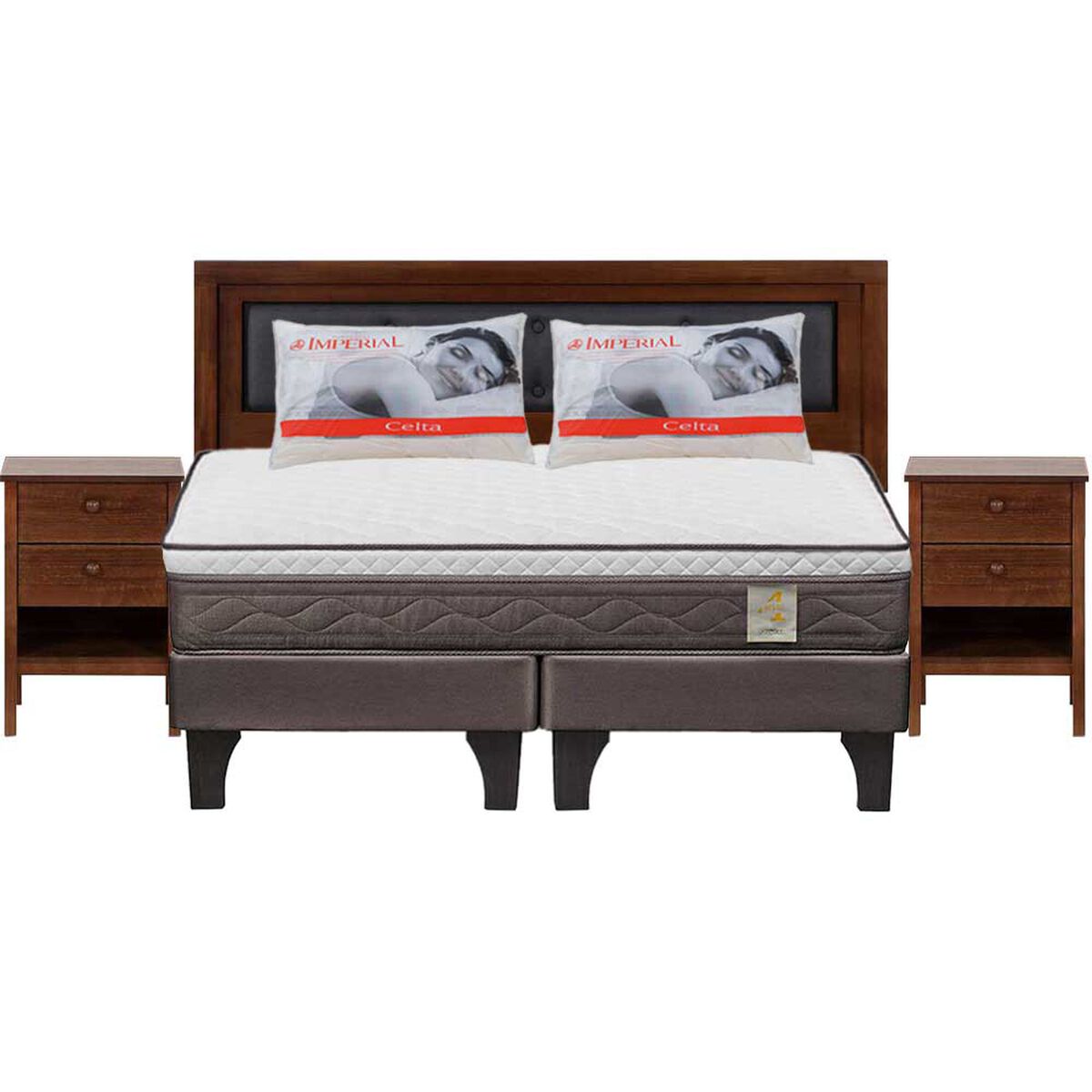 Combo Cama Europea Rosen Base Dividida 2 Plazas New Style 4 Plus + Respaldo + 2 Veladores CIC Genova + Pack Almohadas Celta Imperial Soft