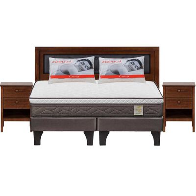 Combo Cama Europea Rosen Base Dividida 2 Plazas New Style 4 Plus + Respaldo + 2 Veladores CIC Genova + Pack Almohadas Celta Imperial Soft
